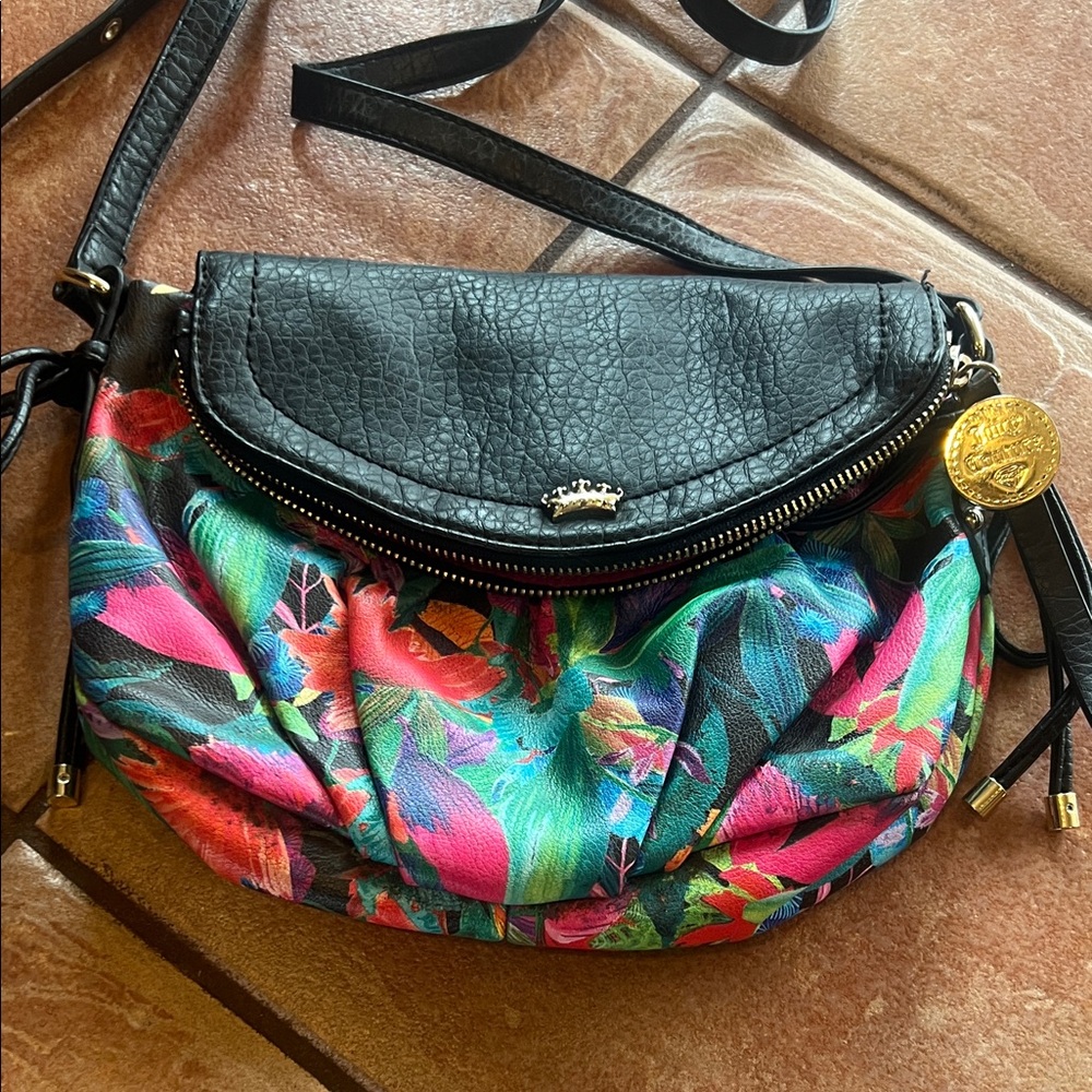Juicy Couture Vintage Black Crossbody Shoulder Bag with Multicolor Floral Print